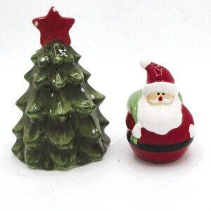 Ceramic Santa & Christmas Tree Salt & Pepper Shakers Set Plastic Bottom Seals